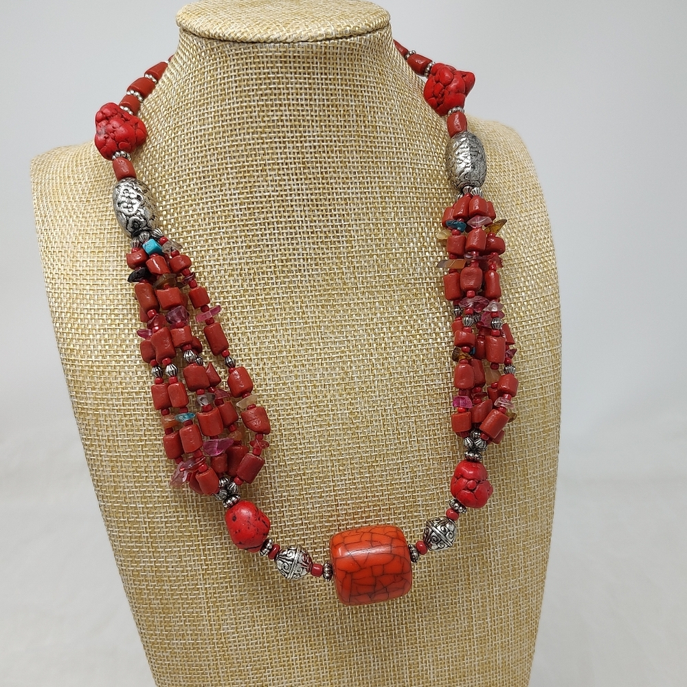 Handmade chunky red stone bead and colorful stone chip multi-strand necklace
